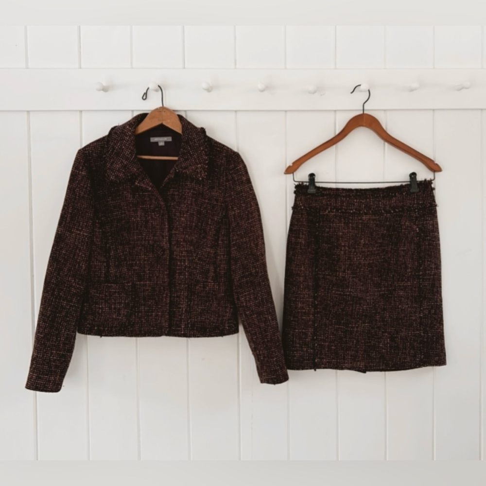Ann Taylor Wool Tweed Two Piece Set Blazer Skirt Fringe Women 6 Office Feminine